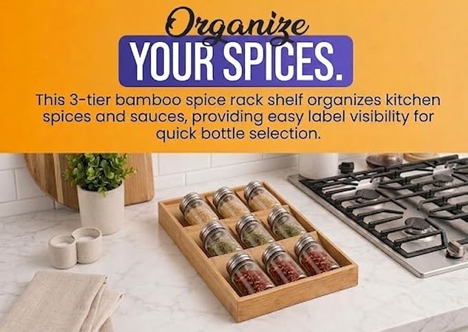 YBM HOME & KITCHEN In-Drawer Bamboo 3 Tier Spice Rack Drawer Tray - Spice Storage / Organization #316