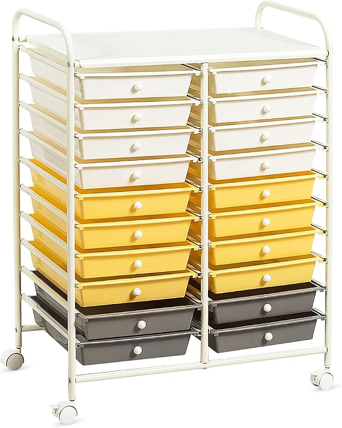 GOFLAME 20-Drawer Rolling Storage Cart, Multifunctional Art Craft Organizer Cart, Mobile Utility Storage Cart with Removable Drawers & Lockable Wheels, Craft Cart for Home Office School, Yellow