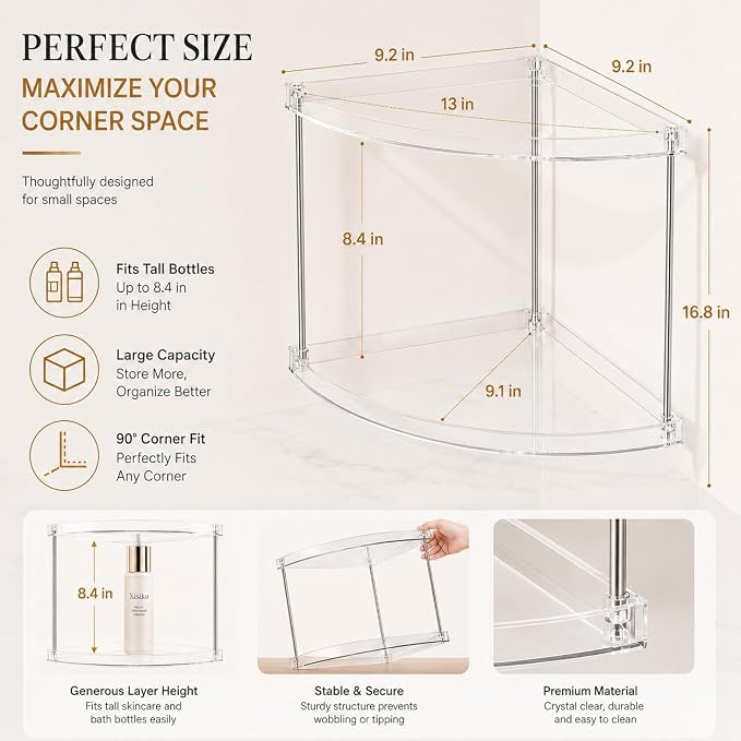 2 Tier Clear Corner Bathroom Counter Organizer, Vanity Countertop Storage Shelf for Makeup, Skincare, Perfume, Kitchen & Sink Organization, Space‑Saving Triangular Design, with Metal Support