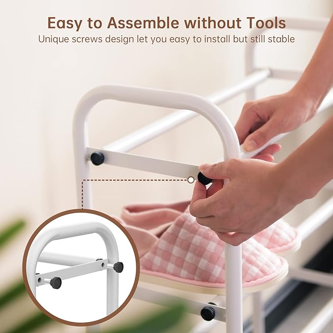 Gonfoam Expandable 4-Tier Shoe Rack for Closet and Entryway, White | Tool-Free Assembly, Metal Material, Adjustable Shoe Organizer, Sturdy, Small Space Solution, Dorms, Garages, Apartments.