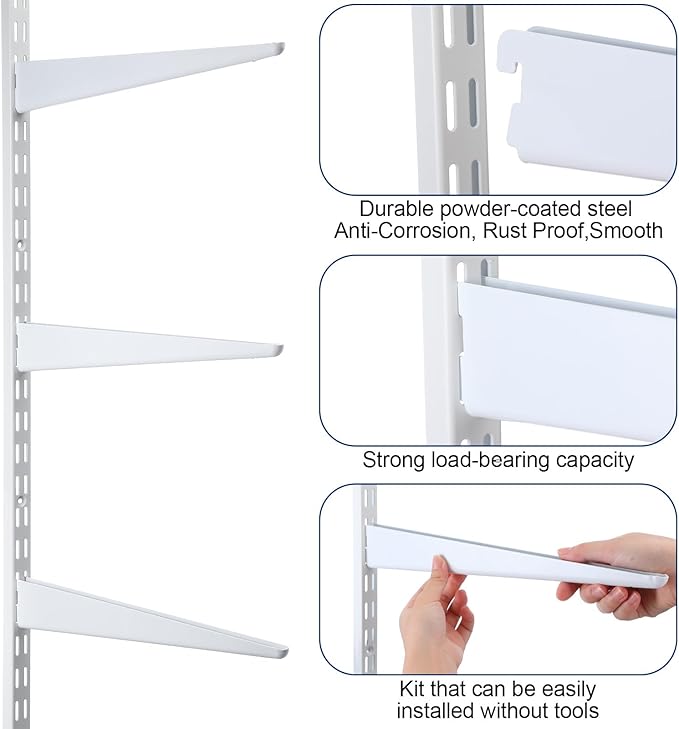 Colingmill 16 Pcs Dual Track Upright Wall Shelving System with Shelf Bracket 47. 5 Inch Heavy Duty Adjustable Storage Rack Metal Support System for Kitchen Closet Home Indoor (White)