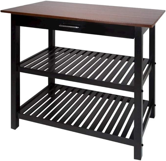 Furnifact Solid Wood Kitchen Island with Drawer, 2 Open Shelves, Black Base and Walnut Top, Island Table for Kitchen Storage and Food Prep