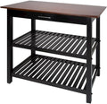 Furnifact Solid Wood Kitchen Island with Drawer, 2 Open Shelves, Black Base and Walnut Top, Island Table for Kitchen Storage and Food Prep