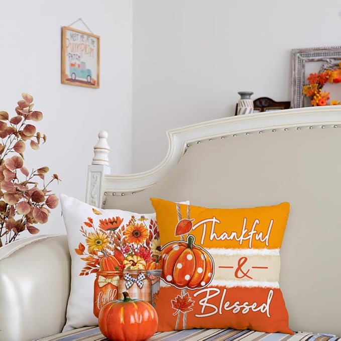 GEEORY Fall Throw Pillow Covers 20x20 Inch Set of 4, Pumpkins Floral Mason Jars Happy Fall Y'all Thankful & Blessed Orange Autumn Seasonal Decorative Farmhouse Decoration for Home G552-20