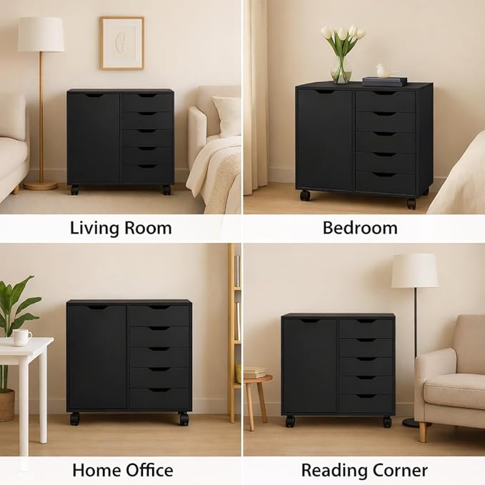 Naomi Home Wooden 5 Drawer Dresser with Cabinet Shelves and Wheels, Drawer Dresser for Bedroom Closet and Dressing Room Storage in Black