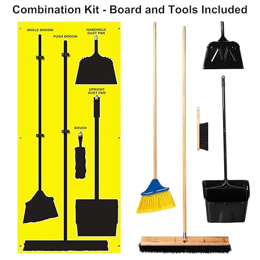 Clean & Sweep 5S Shadow Board/Wall Mount Broom Holder, 68" x 30" Board, 5S Cleaning Station - with Broom and Dustpan Set Included, Made in The USA by AccuformNMC, Yellow/Black, PSB716YLBK