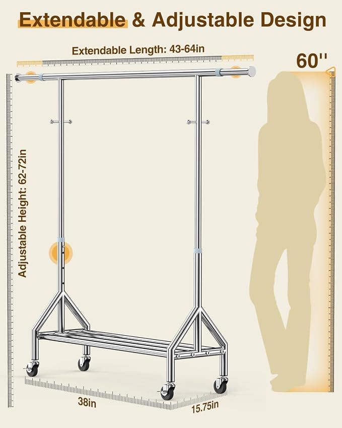 Clothes Rack on Wheels, Heavy Duty, Stainless Steel, Commercial, Portable