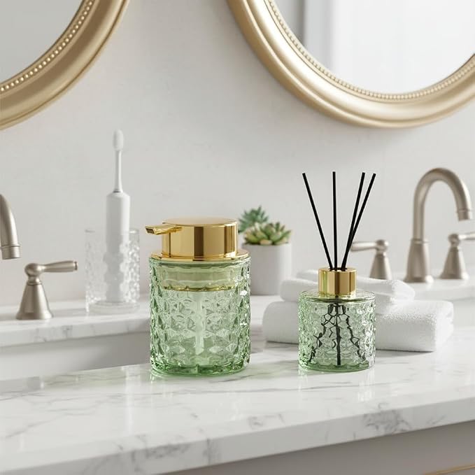 10 Oz Glass Hand Soap Dispenser with Pump, Refillable Bathroom Gold Foaming Soap Dispenser, Vintage Glass Diamond Lotion Container Bottle for Bathroom and Kitchen (1, Green and Gold)