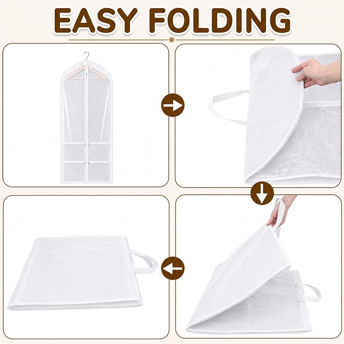 Tranqun 2 Pack 65" Long Wedding Garment Bags for Gowns 4" Gusseted Clear Dress Travel Bag for Hanging Clothes Foldable Wedding Dress Cover with 4 Zipper Pockets for Closet Storage and Travel (White)