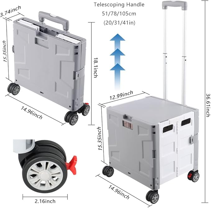 Foldable Shopping Utility Cart Portable Rolling Crate Handcart with 360°Rotate Wheel,Hidden Lid,Telescoping Handle Collapsible for Travel Shopping Moving Storage Office Use(White/Gray)