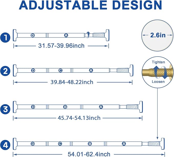 Tension Curtain Rod 32-62Inch Gold Shower Rod Tension Rod Adjustable Curtain Rods no Drilling Tension Rod for Windows,Closets,Doorway