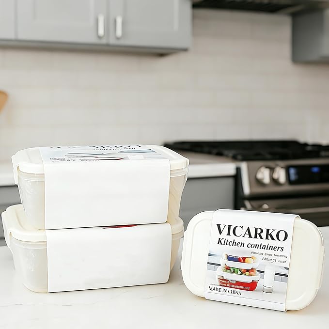 VICARKO 3 PCS Stackable Vacuum Food Storage Containers Set with Hand Pump | Keep Food Fresh Up to 5X Longer, 17 oz/ 34 oz/ 68 oz, White, BPA-Free, Airtight, Leakproof, Date Tracker, Seal Meal Saver