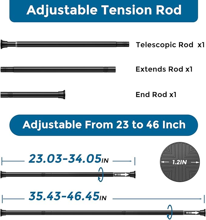 AIZESI 2 Pack Tension Curtain Rod 23-46 Inch Adjustable No Drilling Black | High Carbon Steel, Rust-Resistant, Tool-Free, Spring Curtain Rods for Window Doorway Kitchen Closet & Bathroom
