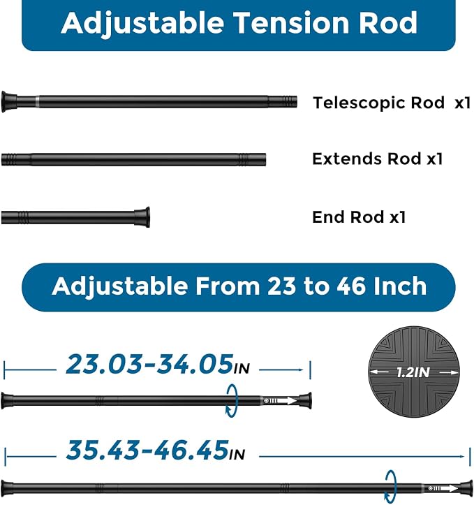 AIZESI Spring Tension Curtain Rod 23-46 Inch Adjustable Curtain Rods No Drilling Black Tension Rods for Window, Doorway, Kitchen, Closet