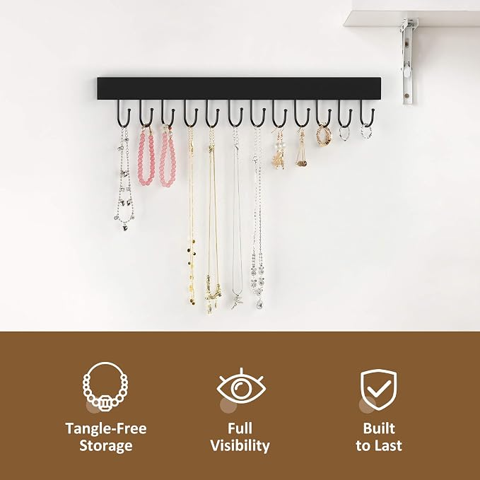 ZEDODIER Necklace Organizer Wall Mount, Wooden Self-Adhesive Jewelry Hanger with 12 Adjustable Hooks, Hanging Holder for Necklace, Belts, Tank Tops, Bras, Black