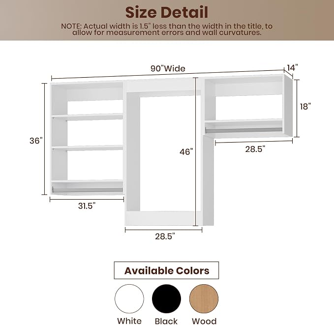ROOMTEC Modular Closet System, 90" Closet Organizer with Hanging Rods, Wall-Mounted Wooden Tower for Walk-In Closets, Wardrobe Storage Kit, White
