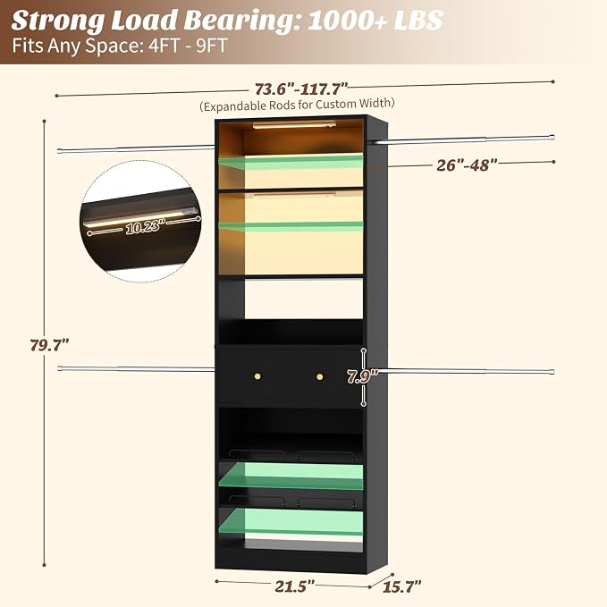 Armocity Wood Closet Organizer System with Sensing Light - 4FT-9FT Expandable Wardrobe Closet with Drawer & 4 Hanging Rods, Heavy Duty Walk-in Closet 1000Lbs for Bedroom Walk-in Closet, Black