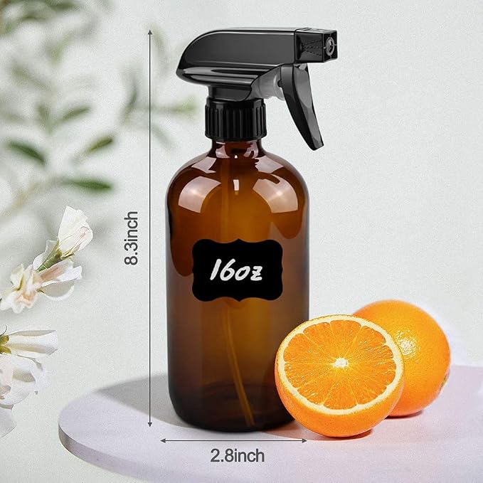 Worldgsb Glass Spray Bottles, 16oz Refillable Containers, Empty Boston Round Bottles with Labels & Adjustable Nozzle for Cleaning, Gardening, Aromatherapy, Pets, Plant, Hair -Amber (2 Pack)