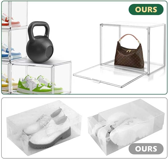 4 Pack X-Large Shoe Boxes Size 14, Clear Acrylic Handbag Storage Box Sneaker Display Case Shoes Containers with Magnetic Door Acrylic Display Case Organizer for Closet