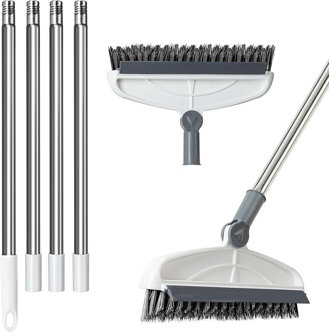 Grout Cleaner with Long Handle & Stiff Swivel Bristles - 2-in-1 Scrubber and Scraper, Tapered Design for Tile Floors, Baseboards, and Tight Spaces