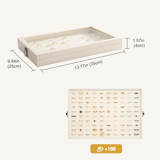 Lolalet Jewelry Organizer Tray with Lid, 100 Grids Velvet Ring Organizer Holder Storage Box for Drawer -Beige | Made of velvet cover, with lid, compact for drawers, 100 compartments for clear rings organiser