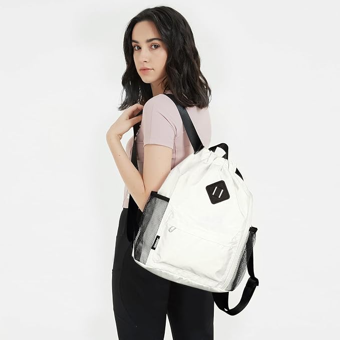 WANDF Drawstring Backpack with Shoe Compartment, Sports Gym Bag | Multi-Pocket Storage, Water-Resistant Fabric, Cinch String Bag