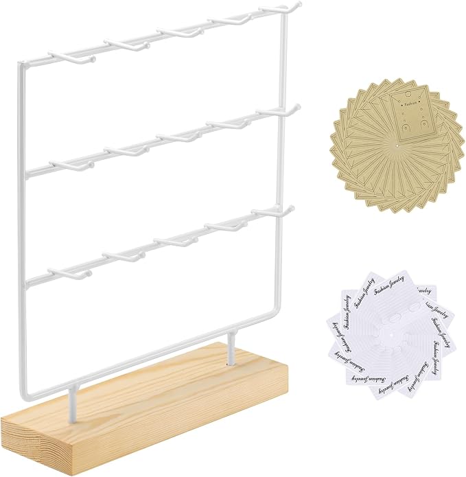 Earring Display Stand 3 Tier 15 Hooks Wood Earring Display Rack Holder for Earings Necklaces Rings Bracelets Keychains (White)
