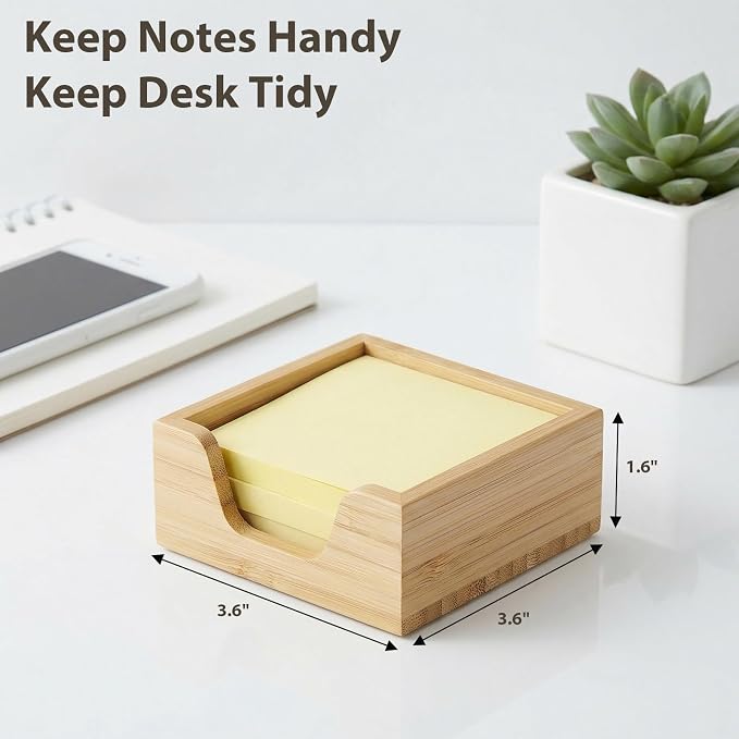 Bamboo Sticky Note Holder for 3 x 3 Notes, Sticky Note Dispenser for Desk, Modern Post It Note Holder, Office Desk Organizer Accessories for Workspace