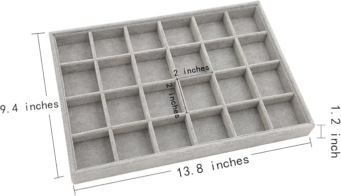 Stratalife 24 Grid Jewelry Organizer Tray, Stackable Drawer Earring Organizer with Adjustable Dividers, Jewelry Display Tray for Necklace Earring Ring Bracelet, 13.8" x 9.4" x 1.2", Grey