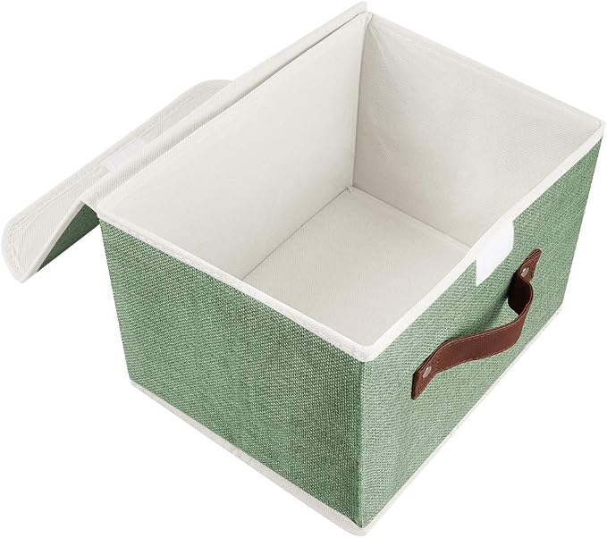 2Pack Storage Bins Boxes with Lids 15"x10"x10" Decorative Storage Baskets | Cotton Linen Fabric, Collapsible, Faux Leather Handles, Storage Cubes, Closet Shelf Clothes Organizer Container, Green