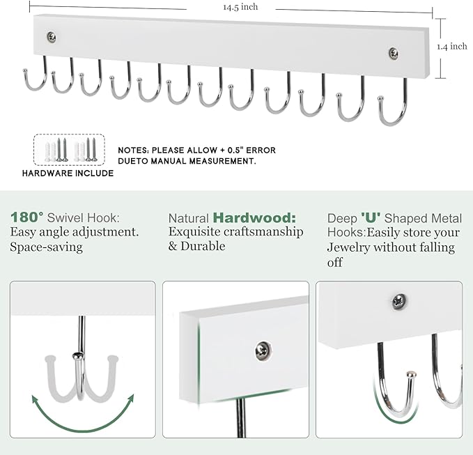 2 Pack Purse Organizer Wall Mount with 24 Rotating 180° Coat Rack, 14.6" Wooden Entryway Purse Holder, Wall Hooks for Hanging Belts, Ties, Keys, Scarf, Bras, Bag, Space Saving Hanger (White)