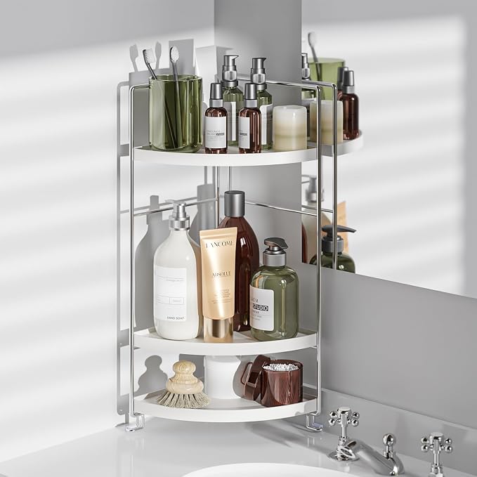 3-Tier Corner Spice Rack Kitchen Bathroom Countertop Organizer Vanity Tray Cosmetic Makeup Storage Standing Shelf, White