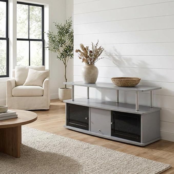 Furnifact Grey TV Stand, 3 Storage Cabinets and Shelf, Modern Design, Durable Particle Board, Fits TVs up to 55 Inches, Supports 60 lbs