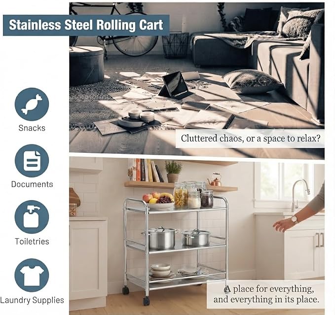 Heavy-Duty NSF 301 Stainless-Steel Rolling Cart – 3-Tier with White Protective Film & Locking Wheels | Commercial Wire Shelving for Kitchen