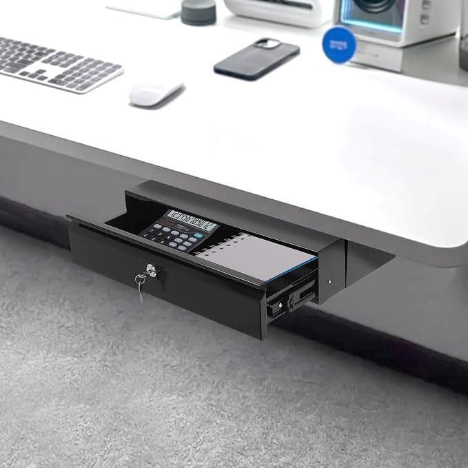 18 Inch Under Desk Sliding Pull-out Black Lockable Drawer for Office Attachable Large Storage Organizer for Sit Stand Workstation