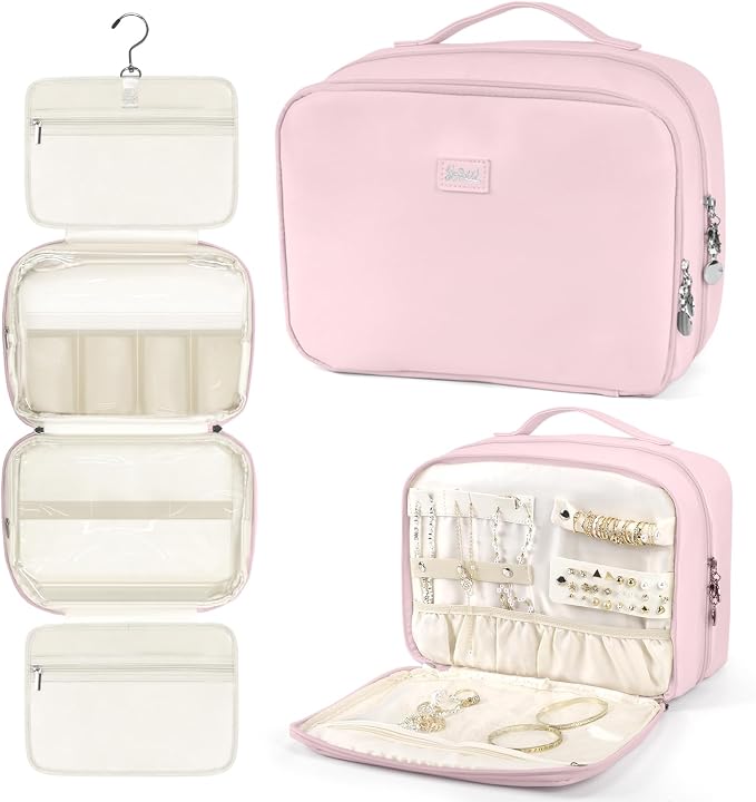 YOPCDJ Hanging Toiletry Bag with Jewelry Organizer,Travel Bag for Toiletries,PU Leather Cosmetic Bags for Women Make Up Organizer with 4 Compartments Waterproof Portable Travel Essentials