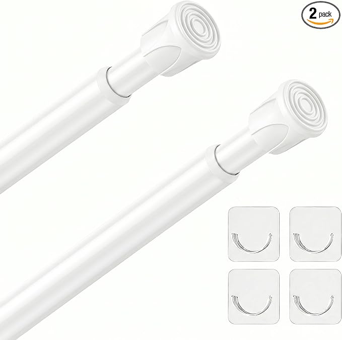 2 Pack White Spring Tension Curtain Rods 28-48 Inches, Spring Loaded Curtain Rods No Drilling, Adjustable Small Tension Rod for Windows, Kitchen, Doorway, Bathroom, Closet
