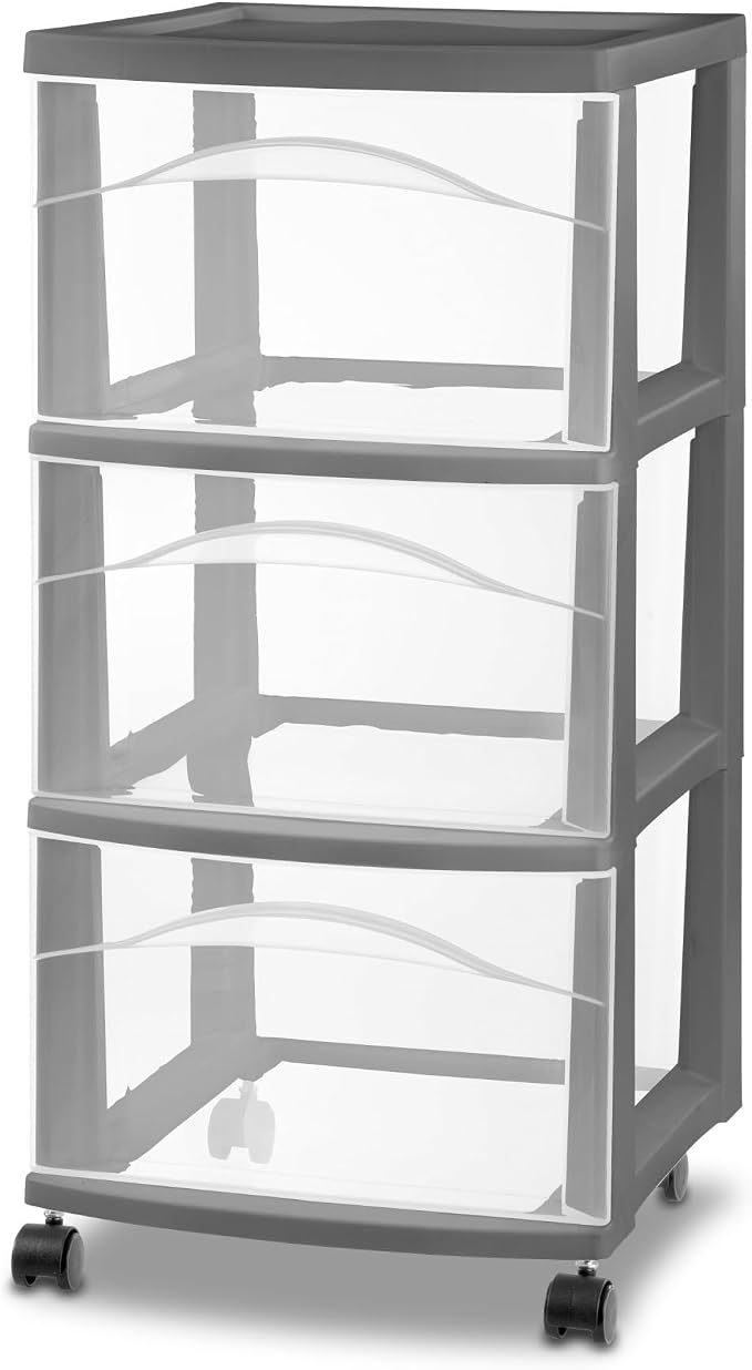 Sterilite 4 Pack 3 Drawer Storage Cart, Rolling Organization, Flat Gray