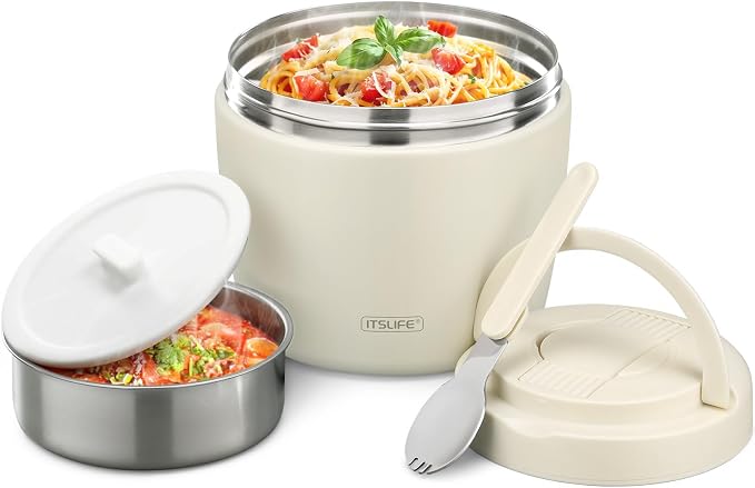 Itslife 32oz Insulated Soup Thermo, Vacuum Stainless Steel Food Jar for Hot & Cold Food, Leakproof Wide Mouth Lunch Container with Spoon, White