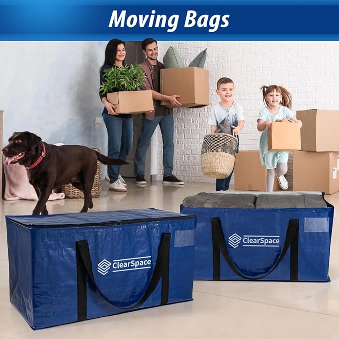 ClearSpace Heavy Duty Moving Bags or Storage Bag – Large Moving Boxes with Backpack Straps, Zippers & Handles – Perfect for Moving, College Dorm, Traveling, Camping, Christmas Decorations, 8 Pack