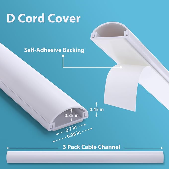 ZhiYo 42.5in Cord Covers for 1-2 Wires on Wall, 1" W x 0.4" H, White | Curved Design, Low-Profile Cord Hider, Self-Adhesive Cable Management Raceway for Wall-Mounted TV Wires, 3 Pack (14.2" Each)