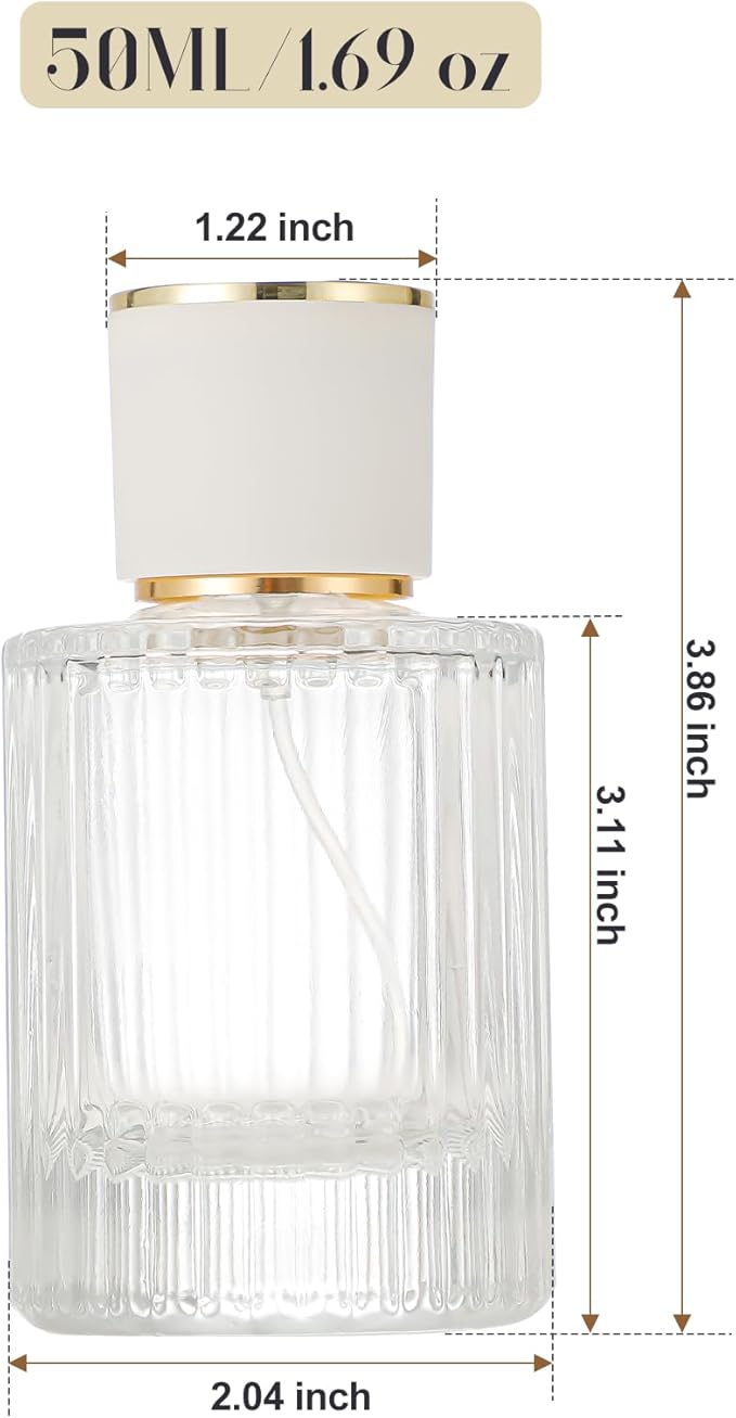 1 Pack Empty Perfume Spray Bottles, 50ML Ribbed Glass Atomizer Spray Bottle for Men and Women, Travel Refillable Perfume Atomizer for Sample Dispenser and Home Decor, White Cap