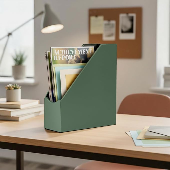UnionBasic Magazine File Holder, Leatherette Desktop Document Organizer, Home Office Paper Holder File Storage Literature Sorter, Malachite Green