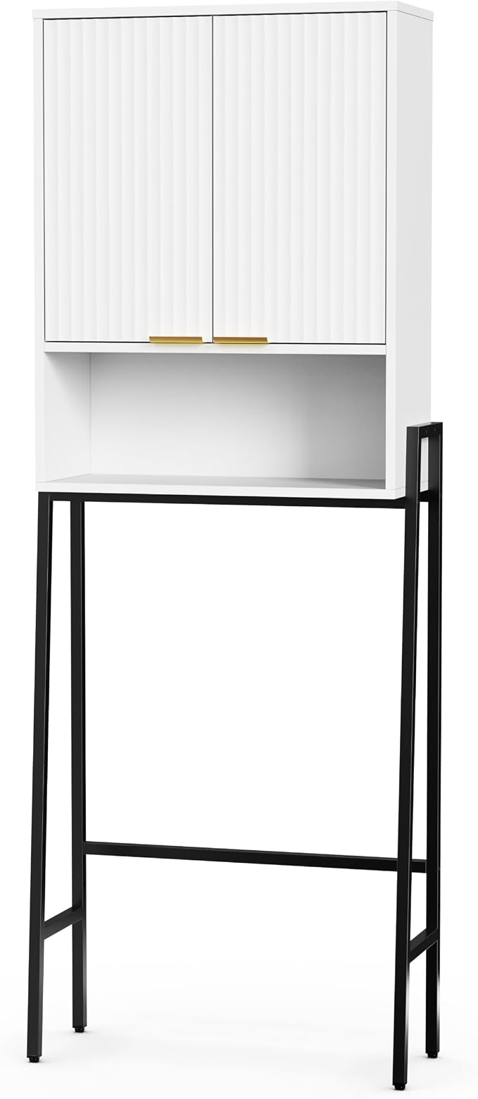 25" W Over The Toilet Storage Cabinet with Fluted Door,Bathroom Organizers and Storage with Adjustable Shelves, Modern Over Toilet Organizer for Bathroom,Restroom,Laundry,White