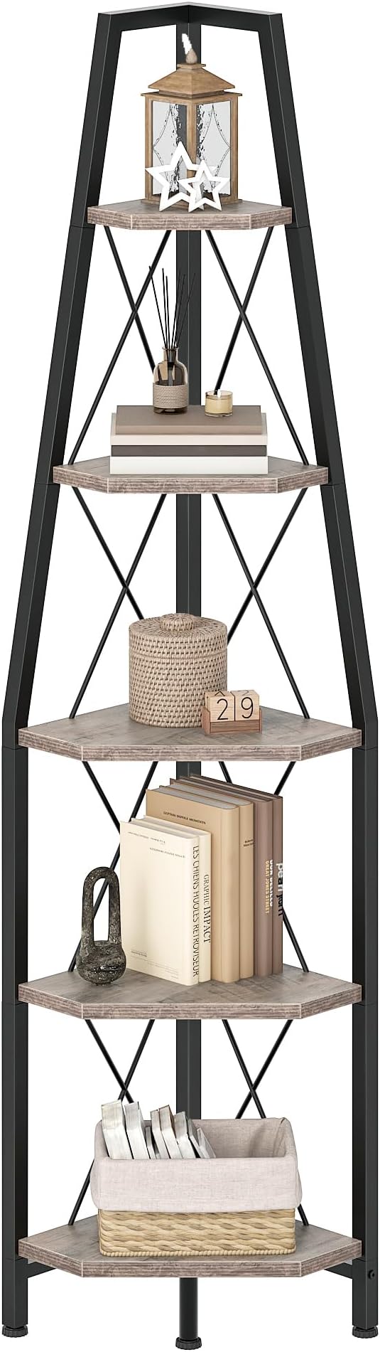 CHOEZON 5-Tier Corner Shelf, Corner Bookshelf, Ladder Shelf, Floor Standing Storage Rack, Open Display Stand, Plant Stand, for Living Room, Bedroom, Study, Bathroom, Greige and Black TCJ22BG