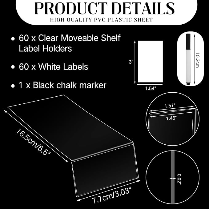 Containlol 60 Sets Moveable Shelf Label Display Holders with Label Inserts and Marker Clear Shelves Tag Plastic Shelf Markers Teachers Gift for Classroom Office Book Shelves(3 x 1.6 Inch)