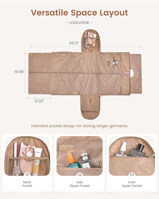 LOVEVOOK Convertible Garment Bag for Travel with Shoe Pouch, Carry On Garment Duffel Bag with Toiletry Bag, 2 in 1 Hanging Suitcase Suit Bag, Weekender Bag for Women Travel, Wedding, Pink