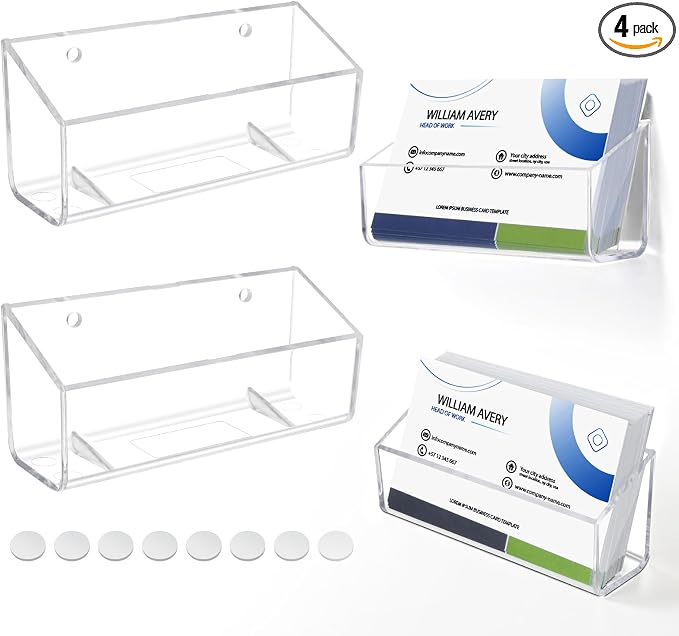 Acrylic Business Card Holder, Wall Mount Name Card Holder, Office Calling Cards Display Holder Stand, Visiting Cards Desktop Organizer for Wall Mount or Place on Desk, Fits 40-60 Business Cards (4)
