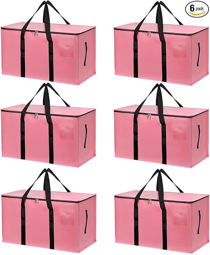 6 Pack Large Moving Bags with Zippers & Carrying Handles, Heavy Duty Storage Tote Moving Boxes，Space Saving(Pink, 6 Pack)
