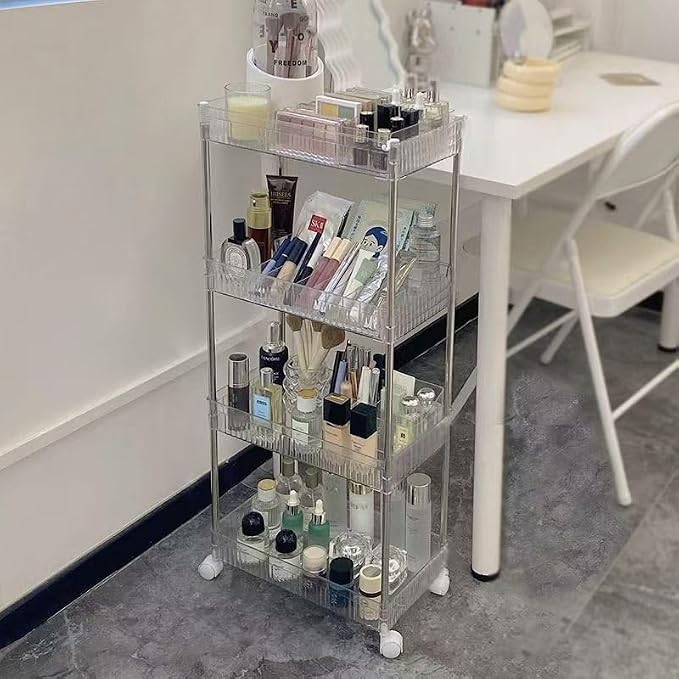 4-Tier Plastic Rolling Utility Cart with Wheels, Multifunctional Storage Organizer Cart for Home, Office, Kitchen & Bathroom, Narrow & Clear, 6.7”W * 12.8”L * 33”H